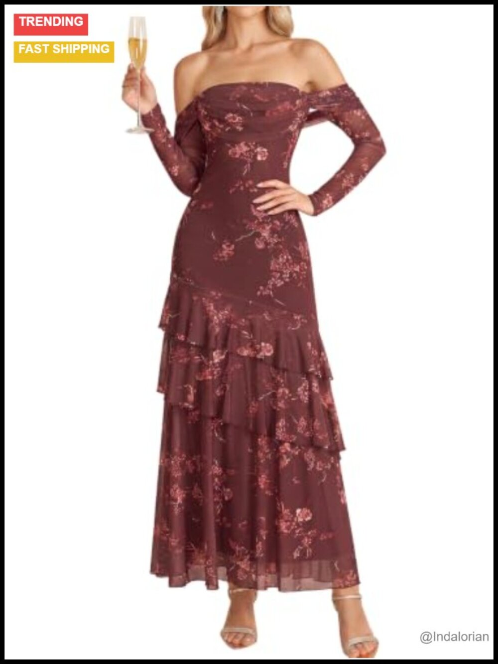 Off Shoulder Long Sleeve Maxi Dress Formal Wedding Guest